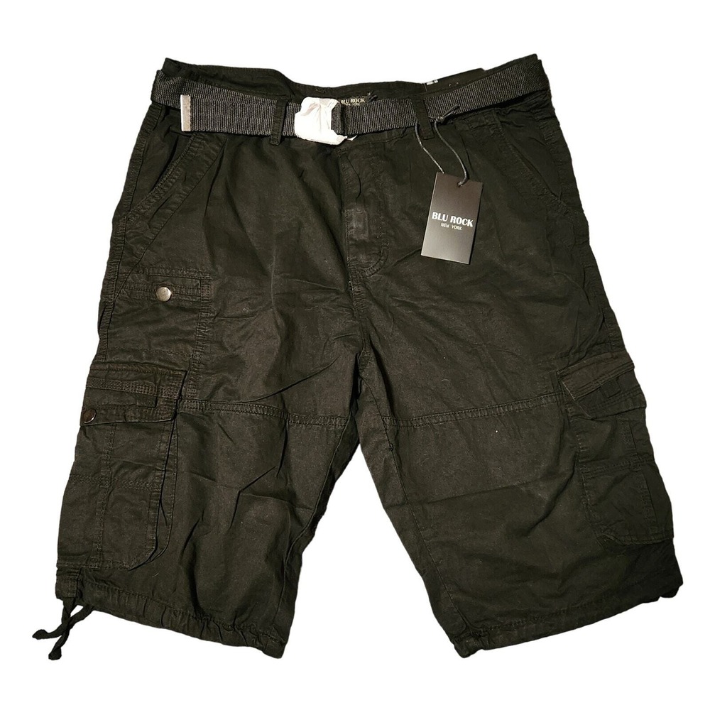 Blu Rock Men's Vintage-Like Cotton Cargo Belted‎ Shorts Black Size 36